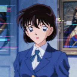 blurry and dreamy screencap of a realistic character from 9 0 s satoshi kon anime, woman with short hair and black eyes weraing dress suit with tie, character design by yoshitaka amano, glitchy vhs tape, abstract patterns in the background, perfect blue color palette, noisy film grain effect, blurry image, renessaince oil painting