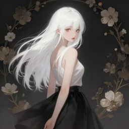 a girl with white hair and black skirt, flower decoration on the background, beautiful illustration, atmosphere, top lighting, perfect composition, smooth, highly detailed, art by so - bin and yuhong ding and chengwei pan