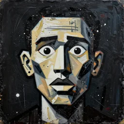 gritty splattered punk painting of a geometric face with surprised expression, painted by basquiat. dark background. trending on artstation.