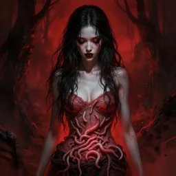 beautiful girl with worms coming out of her stomach, lovecraftian horror, red and black color palette, high quality digital art