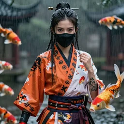 portrait of a mixed extremely beautiful woman, wearing a samurai outfit, and a black face mask, standing in a heroic pose, in the rain,, beautiful eyes, with tattoos,, vibrant colors, ( ( ( koi colors ) ) ), octane render, jesper ejsing, james jean, justin gerard, tomasz alen kopera, cgsociety, fenghua zhong,