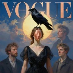 morning, raven bird perching on a headless woman in a black dress. sun, cinematic, clouds, vogue cover style, copper and deep blue mood, realistic painting, intricate oil painting, high detail, figurative art, multiple exposure, poster art, 3 d, by simon bisley, ismail inceoglu, wadim kashin, filip hodas.