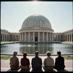 1 9 7 0 s movie still by andrei tarkovsky of a neoclassical sphere palace with a lake in the middle, by piranesi, panoramic, ultra wide lens, cinematic light, lens flare
