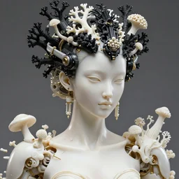 hyper detailed ultra sharp portrait of a beautiful porcelain ivory cyborg warrior, well contoured smooth fair skin, up close shot, sharp focus, global illumination, radiant light, biomechanical black corals headdress made of corals, cyberpunk brackets, mushrooms, puffballs, rhizomorphs, fine gold details, alexandre ferra white mecha, irakli nadar, octane highly render, 4 k, ultra hd,