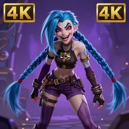 close portrait pretty girl, hair blue two long braids, evil insane smiling laugh, particles explosion, high boots, short bridges with leggins and top, purple cloth, elegant intricate matte sharp focus 8 k, fantasy digital art, league of legends, a stylized portrait of jinx, arcane cartoon series