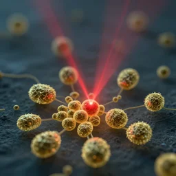 a red laser beam is pointing at a cluster of gold nanoparticles