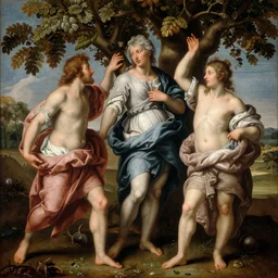 A three humans under a tree, baroque style.