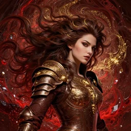 song of the wind, detailed beauty portrait, chocolate, crimson water, gold. opulent swirling hair intricate background, armor, fantasy art by peter morebacher, greg rutkowski, craig mullins, ruan jia, thomas kinkade, victor ngai, unreal engine, blender, octane, ray tracing. fractal crystal, sharp focus, masterpiece, post processing, devianart,