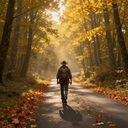A highly detailed 4K fantasy matte painting of an adventurer walking along a leaf-covered asphalt road in a forest during the golden hour in autumn, volumetric sun rays and dust, Thomas Kinkade, Greg Rutkowski, ArtStation, CGSociety, Unreal Engine