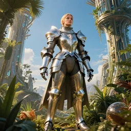 large and broad body female knight in a hi-tech botanical world with blue skies | style of donato giancola, vincent callebaut, dramatic light | high detail | cinematic lighting | pristine metals, glass, plants | solarpunk | golden hour | volumetric lighting | concept art |