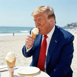 Donald trump is having ice cream at the beach by martin parr. Color photography.