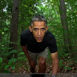 Trailcam photograph of Obama stalking in the forest with predatory reflective eyes