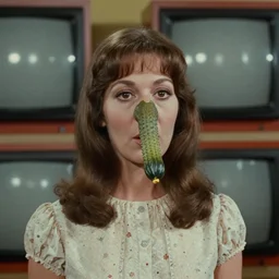 1976 woman on a television show with a long pickle snout nose, big nostrils,  wearing a dress, 1976 French film color archival footage technicolor film expired film 16mm Fellini new wave John Waters Russ Meyer movie still