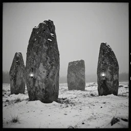 a tintype photograph of the neolithic standing stones, by henry ossawa tanner and rembrandt, lit by gas lamps, black and white, grainy, snow, highly detailed, gloomy and foggy atmosphere, octane render, cinematic lighting, photographic emulsion cracked and peeling, 8 k, hd