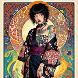 cute punk goth fashion hippy fractal tattooed girl wearing kimono posing by Zhang Jingna, psychedelic poster art of by Victor Moscoso Rick Griffin Alphonse Mucha Gustav Klimt Ayami Kojima Amano Charlie Bowater, masterpiece