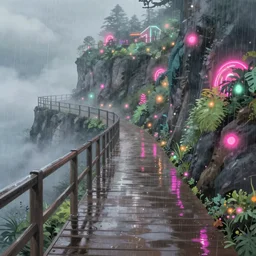 a misty boardwalk covered in neon lights on a cliff, rainy aesthetic, puddles, studio ghibli, studio ghibli style, hyper detailed, cel shading, toon shading, shadows,