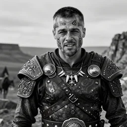 a cinematic view of wide bw photo from a very ornated old serj tankian mixed with brad pitt viking, shaved haircut, showing maori tattoos in the head, using leather armour with necklace of teeth, naughty expression, photorealistic, volummetric light, depth of field, detailed, texturized, zeiss lens high professional mode