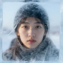 see through clear sheet of ice sheet of ice in front of face behind ice face behind ice