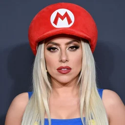 lady gaga wearing a super mario hat