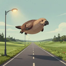 a study of cell shaded cartoon of a golfen flying walrus on a country road, street lamps, road, illustration, wide shot, subtle colors, post grunge, concept art by josan gonzales and wlop, by james jean, Victo ngai, David Rubín, Mike Mignola, Laurie Greasley, highly detailed, sharp focus, alien, Trending on Artstation, HQ, deviantart, art by artgem