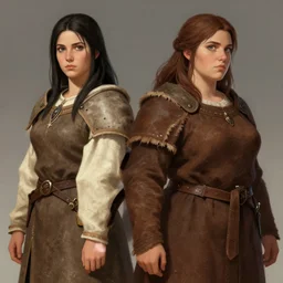 2 5 years old women : : dark straight hair : : overwheight, brown medieval cloting, light armor, natural materials : : high detail, digital art, illustration, realistic, rpg, fantasy