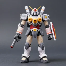 a crochet mecha, holding a gun, realistic, no cropping, full body, Sigma 50 mm f/1.4