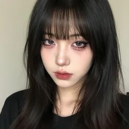 japanese girl with emo makeup and long hair, bangs