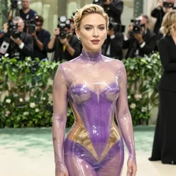 sexy Scarlett Johansson wearing very tight  Translucent purple and Gold latex outfit Met Gala photoshoot