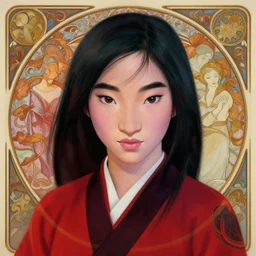 portrait of disney mulan, intricate, elegant, highly detailed, my rendition, digital painting, artstation, concept art, smooth, sharp focus, illustration, art by artgerm and greg rutkowski and alphonse mucha and uang guangjian and gil elvgren and sachin teng, symmetry!!