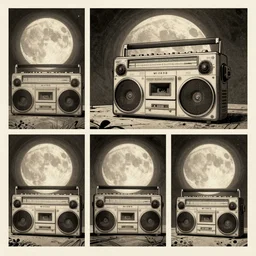 three panels from a 1 9 3 0's comic book showing a big fat boombox, in front of a big moon, illustration, wide shot, muted colors, post grunge, concept art by josan gonzales and wlop, david rubin, mike mignola, laurie greasley, highly detailed, sharp focus, trending on artstation, hq, deviantart, art by artgem