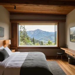 a interior design of a home by frank lloyd wright, bedroom, window with view of the mountains