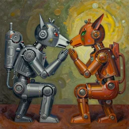 Oil painting by Rufino Tamayo. Two mechanical gods with animal faces kissing. Oil painting by Lisa Yuskavage.