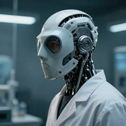a half masked laboratory technician man with cybernetic enhancements seen from a distance, scifi character portrait by greg rutkowski, craig mullins, 1 / 4 headshot, cinematic lighting, dystopian scifi gear, profile picture, mechanical, cyborg, half robot