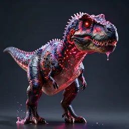 A biopunk tyrannosaurus with glowing red eyes, bioluminescence, ooze, caustic acid, volumetric lighting, 8k, octane render, Zbrush, cgsociety, trending on ArtStation