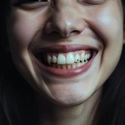 a smiling woman with teeth everywhere many many many teeth. 3 5 mm f / 2. 8, kodachrome, moody lighting too many teeth.