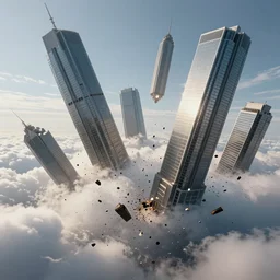 pieces of giant skyscrapers falling from the clouds mid air shot, with debris and destruction falling from sky, mid air, debris flying around