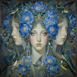 breathtaking detailed concept art painting art deco pattern of faces goddesses of light blue flowers with anxious piercing eyes and blend of flowers and birds, by hsiao - ron cheng and john james audubon, bizarre compositions, exquisite detail, extremely moody lighting, 8 k