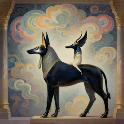 side profile, anubis in his chambers, elegant, highly detailed, concept art, smooth, colorful swirly magical clouds, muted colors, by huang guangjian, sachin teng, greg rutkowski, jesper ejsing, ilya kuvshinov, artgerm, mucha