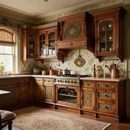 a beautiful intricate victorian kitchen, 4 k, ultra - wide angle, elagant, highly detailed, photorealistic, octane render, 8 k, unreal engine, hd, trending on artstation, hyper detailed, intense colors