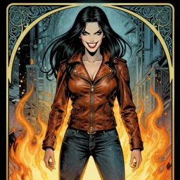 Rafael Albuquerque comic art, art nouveau, Norman Rockwell, Joshua Middleton, pretty female Eva Green vampire, sharp vampire teeth, sarcastic smile, symmetrical eyes, symmetrical face, brown leather jacket, jeans, long black hair, full body:: building on fire:: hate and anger:: cool colors