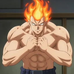 an anime battle scene, a tough guy with his head burning holding two pistols and shooting at flying huge cockatrice, looking up, fantastic, style of pixiv illustration