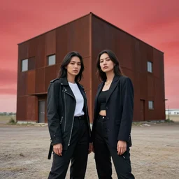 photographic portrait of 2 techwear women in front of a brutalist metal building, on a desolate plain, red sky, sigma 8 5 mm f / 1. 4, 4 k, depth of field, high resolution, 4 k, 8 k, hd, full color