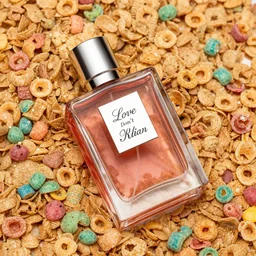 a bottle of Kilian Love Don't Be Shy perfume, Love Don't Be Shy by Kilian, the bottle of perfume is laying on cereal, the cereal is Kelloggs Fruity Pebbles, high resolution photo,