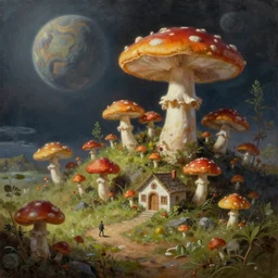 a mushroom village on an alien planet, oil painting, by vincent di fate