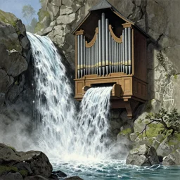 Airbrush illustration by H R Giger of a waterfall that feeds a church organ