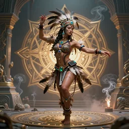 a magical render of a single mystical tribal android dancing adorned with feathers and gemstones and cables and synthesizer parts is surrounded by sacred geometry made from elven architecture and incense smoke, full body, perfect face, powerful, cinematic, beautifully lit, by artgerm, by karol bak, by viktoria gavrilenko, 3 d, trending on artstation, octane render, 8 k