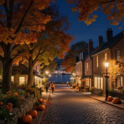 night time in a colonial city street facing a harbor, many lights in shops on street, tall maple trees along street, chimneys on buildings, cobblestone street, old street lamps, pumpkin people walking, fall foliage, over the garden wall, thomas kinkade, light cinematic, otherworldly, volumetric, realistic, cinematic lighting, ray tracing, unreal engine 5, octane render, hyper realistic, photo, 8 k