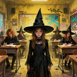 highly detailed portrait of a little witch classroom atey ghailan, james gilleard, by joe fenton, by greg rutkowski, by greg tocchini, by kaethe butcher, 4 k resolution, gradient yellow, black, brown and cyan color scheme, grunge aesthetic!!! ( ( dystopian graffiti tag wall in background ) )