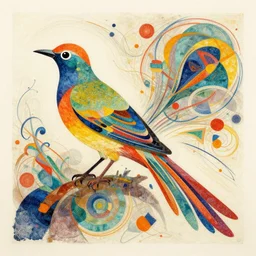 warm by hiroshi nagai, by jack whitten robust. a beautiful assemblage of a large, colorful bird with a long, sweeping tail. the bird is surrounded by swirling lines & geometric shapes in a variety of colors