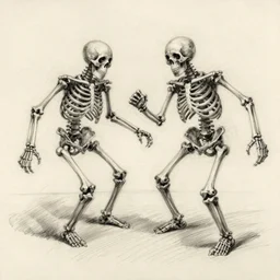 pencil sketch of two chaotic, anatomically incorrect skeletons in perspective by finlay von patrick duffill